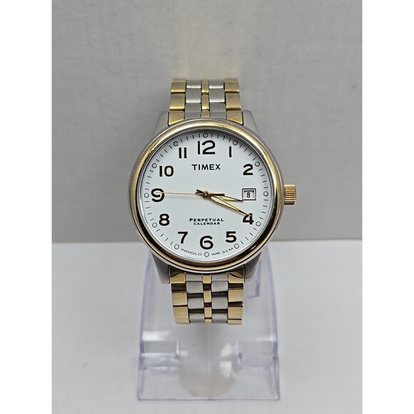 Mens Timex Perpetual Calendar Indiglo Two Tone Dress Quartz Date 50M New Battery - Picture 1 of 12